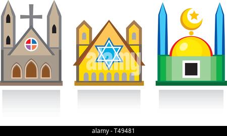 Cathédrale de l'église, synagogue, mosquée islamique. Temples religieux, structures architecturales. Illustration de Vecteur