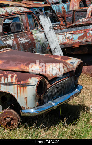 Une vue portrait d'une voiture Simca rouillé abandonné dans une voiture Wrecking Yard. Horopito Motors, ou 'Smash Palace', Nouvelle Zélande Banque D'Images