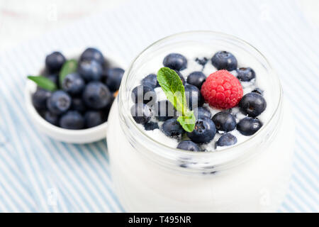 Yaourt avec blueberies en pot, vue rapprochée. Riche en calcium et en protéines de yaourt grec surmontée de bleuets frais, de framboise et de feuille de menthe Banque D'Images