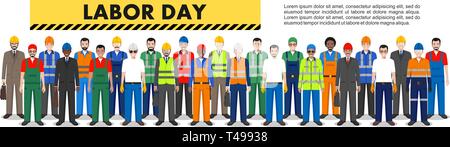 La fête du travail. Groupe de travailleur, builder et l'ingénieur se tenant ensemble en ligne sur fond blanc dans un style plat. L'équipe de travail d'équipe et concept Illustration de Vecteur