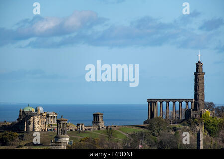 Monument Nelson, Playfair Monument et collective à Calton Hill, Édimbourg, Écosse, Royaume-Uni, Europe Banque D'Images