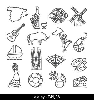 Ligne Espagne icons set. L'Espagnol symboles traditionnels et d'objets. Illustration de Vecteur