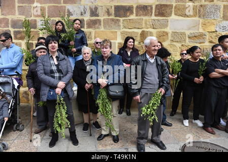 Soria, Soria, Espagne. 14 avr, 2019. Fidèles sont vu la tenue des brindilles d'olive pendant la procession de 'Domingo de Ramos (dimanche des Rameaux) dans la région de Soria, au nord de l'Espagne.Dimanche des Rameaux commémore l'entrée triomphale de Jésus à Jérusalem avant sa crucifixion. Il est célébré par les chrétiens à travers le monde. Credit : Jorge Sanz SOPA/Images/ZUMA/Alamy Fil Live News Banque D'Images