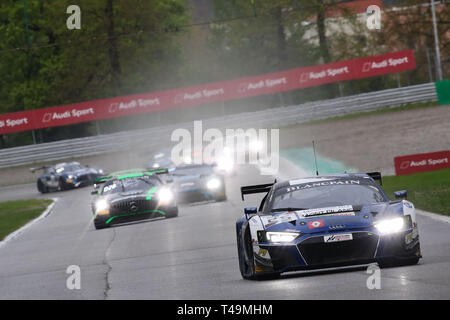 Monza, Italie. 14 avr, 2019. Sainteloc Racing Audi R8 LMS GT3 Evo avec chauffeurs Markus Winkelhock, Steven et Christopher Haase au cours de la 2019 GT série Blancpain à Autodromo di Monza, Monza, Italie, le 14 avril 2019. Photo par Jurek Biegus. Usage éditorial uniquement, licence requise pour un usage commercial. Aucune utilisation de pari, de jeux ou d'un seul club/ligue/dvd publications. Credit : UK Sports Photos Ltd/Alamy Live News Banque D'Images