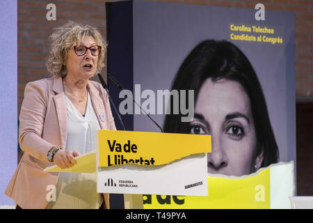 Barcelone, Catalogne, Espagne. 14 avr, 2019. Mirella Cortés, sénateur et candidat pour le Sénat, a vu s'exprimant lors de l'événement.parti Esquerra Republicana (ERC) a présenté ses candidats pour les élections générales du 28 avril dans une campagne électorale générale event 28A. Credit : Paco Freire SOPA/Images/ZUMA/Alamy Fil Live News Banque D'Images