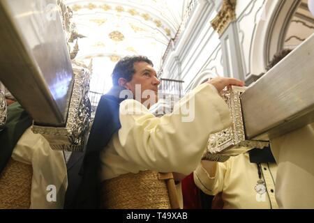 14 avril 2019 (Malaga Malaga ) l'acteur Antonio Banderas participe une année de plus dans la procession de la Vierge de Lagrimas et favorise aujourd'hui Dimanche de bouquets dans la Semaine Sainte de Malaga Cordon Press Banque D'Images