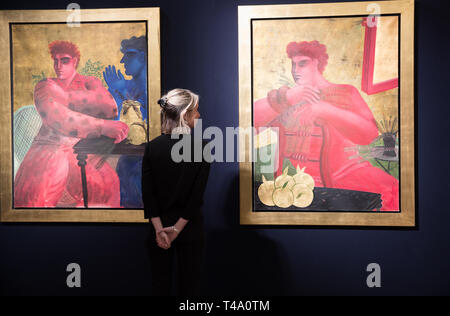 Londres, Royaume-Uni. Apr 15, 2019. L'appel à photo grec Bonhams Vente Bonhams a eu lieu au Salle des Ventes New Bond Street. Sur l'écran : ALECOS FASSIANOS (grec, né en 1935) La belle chemise / Couple avec pommes d'or 130 x 96,5 cm.£ 25 000 - 30 000 et ALECOS FASSIANOS (grec, né 1935) jeune éphèbe / jeune homme avec des pommes d'or 130 x 97 cm. £ 25 000 - 30 000. La vente a lieu le 17 avril, à 2h00.Credit : Keith Larby/Alamy Live News Banque D'Images