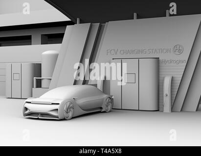 Le rendu d'argile de voiture autonome à pile à combustible gaz de remplissage dans l'hydrogène des piles à combustible. Le rendu 3D image. Banque D'Images