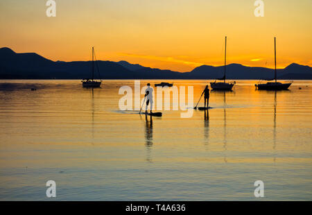 Deux stand up paddle boarders de revenir après le coucher du soleil à Salt Spring Island, en Colombie-Britannique, Canada. Stand up paddleboarding dans le sud des îles Gulf, en Colombie-Britannique. Banque D'Images