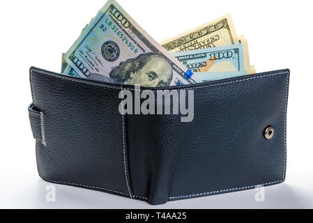 Les dollars américains qui sort d'une pochette en cuir pleine d'argent Banque D'Images