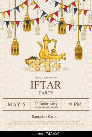 L'Iftar islamique Partie Invitation Flyer Conception de cartes, Set théière orientale et le bol de dates avec le ramadan en décoration Cartoon Illustration. Illustration de Vecteur