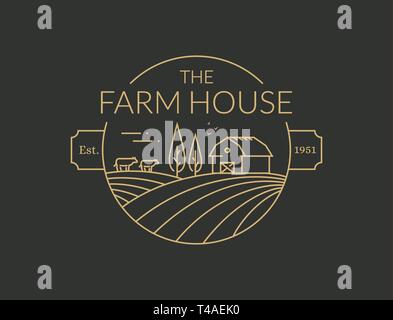 Farm House logo contour isolé sur fond noir. Ligne vectorielle emblème avec ferme, vaches et champs pour les produits agricoles. Illustration de Vecteur