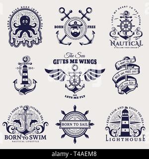 Ensemble d'emblèmes nautiques avec ancre, volant, Lighthouse, le marin, la mer les animaux. Collection d'insignes pour vecteur conception de t-shirt, des logos d'entreprise. Illustration de Vecteur