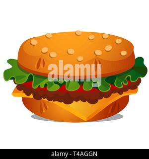 Big burger avec de la viande de bœuf frite, fromage fondu, feuille de laitue et tomate isolé sur fond blanc. Cartoon Vector illustration close-up Illustration de Vecteur
