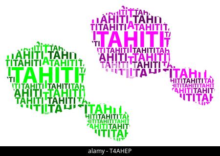 Sketch carte texte lettre de Tahiti, Otaheite - sous la forme du continent, la carte Tahiti - vert et violet vector illustration Illustration de Vecteur