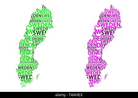 La Suède croquis texte lettre map, Royaume de Suède - sous la forme du continent, la carte de la Suède - vert et violet vector illustration Illustration de Vecteur