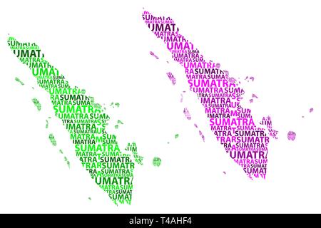 Sumatra Sketch carte texte lettre, Sumatra (République d'Indonésie, plus de petites îles) - sous la forme du continent, la carte Sumatra - vert et violet Illustration de Vecteur