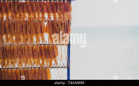 Close up calmars broyés suspendues au-dessus de fruits de mer délicieux en-cas sur la plage. Banque D'Images