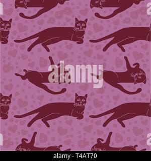 Motif transparent Purple Cats et la figure du cœur sur fond lilas - pour les tissus, papiers peints, des nappes, des estampes et dessins.Le fichier EPS (vectoriel) ha Illustration de Vecteur
