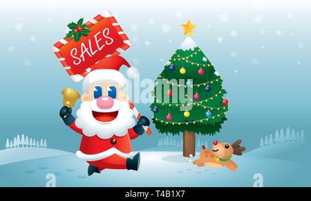 Un mignon le Père Noël et ses rennes fonctionne avec un comité de promotion des ventes de Noël portant sur sa main. Vecteur. Illustration de Vecteur