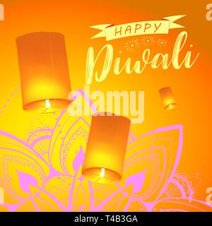 Carte postale pour Diwali festival avec lanternes de ciel réaliste et mandala. Happy Diwali concept, en 1914. Typographie affiche ou logo pour festival du Diwali Illustration de Vecteur