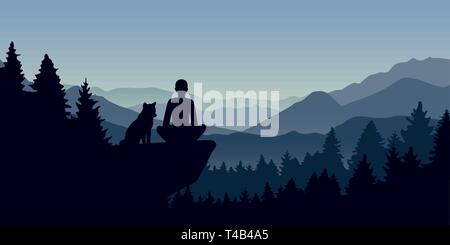 L'homme et son chien sur une falaise dans la forêt avec vue sur la montagne nature paysage vector illustration EPS10 Illustration de Vecteur