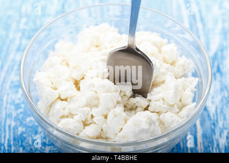 Fromage blanc frais dans une assiette sur un fond de bois. lieu pour le texte produit laitier nutritif. Banque D'Images