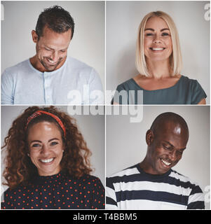 Collage de quatre jeunes entrepreneurs diversité ethnique tout en souriant debout sur un arrière-plan gris Banque D'Images