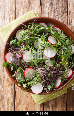 Les aliments biologiques salade de radis avec micro mix vert close-up dans un bol sur la table. Haut Vertical Vue de dessus Banque D'Images