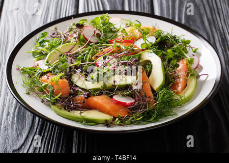 Régime alimentaire équilibré salade de poisson rouge, avocat, radis et un mélange de vert micro close-up sur une plaque sur la table horizontale. Banque D'Images