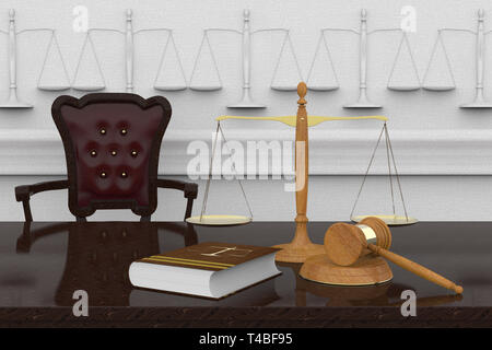 3D illustration. Symboles de la loi et de la justice repose sur un plan réfléchissant. Banque D'Images