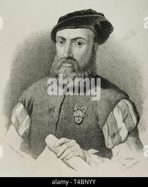 Ferdinand Magellan (1480-1521). Navigateur et explorateur portugais. Dessin de J. Cebrian. La lithographie. Portrait. Cronica General de España, Historia Ilustrada Descriptiva y de sus Provincias. Andalousie, 1867. Banque D'Images