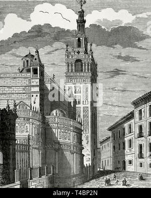 Espagne, Andalousie, Séville. Cathédrale. Vue générale avec son clocher appelé Giralda. La gravure. Cronica General de España, Historia Ilustrada Descriptiva y de sus Provincias. Andalousie, 1867. Banque D'Images