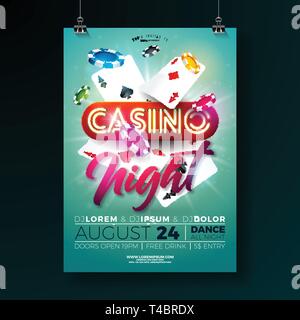 Vector illustration flyer soirée casino avec le jeu des éléments de conception et de lettrage néon brillant sur fond vert. Affiche invitation de luxe Illustration de Vecteur