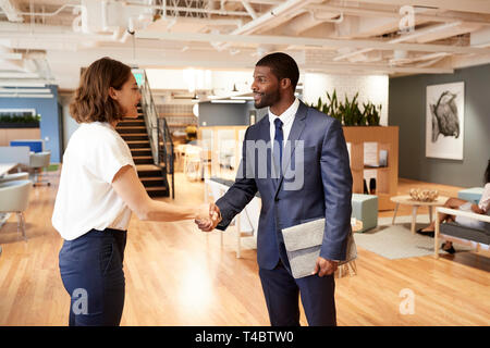Businessman And Businesswoman Shaking Hands in Modern Open Plan Office Banque D'Images