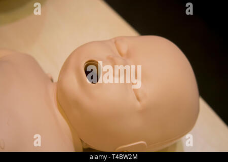 Un modèle mannequin médical bébé enfant face à pleine bouche close-up, medical exhibit Banque D'Images