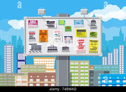 Divers documents de découpe annonce sur le babillard. La publicité et l'annonce en grande ville. Paysage urbain. Vendre, louer, des disparus, de crédit, de travail, de l'argent. V Illustration de Vecteur