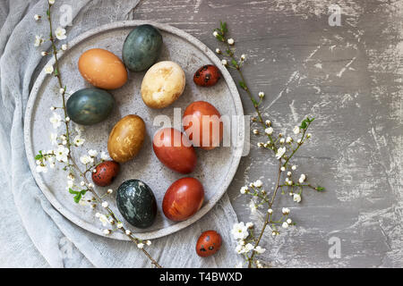 Oeufs de Pâques teints avec des colorants naturels, de choux, de camomille, d'hibiscus et de pelure d'oignon. Focus sélectif. Banque D'Images