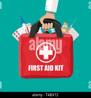 Trousse de premiers soins médicaux avec différentes pilules, seringue, thermomètre dans la main. Les soins de santé, l'hôpital et les diagnostics médicaux. Services d'urgence et urgence Illustration de Vecteur