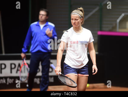 Prostejov, République tchèque. Apr 16, 2019. Le joueur de tennis tchèque Karolina Muchova trains avant la République tchèque contre le Canada Fed Cup relegation contest, le 16 avril 2019, à Prostejov, en République tchèque. Le concours aura lieu du 20 avril au 21 avril. Credit : Ludek Perina/CTK Photo/Alamy Live News Banque D'Images