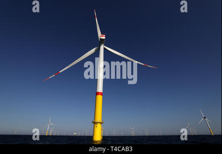 Sassnitz Mukran, Allemagne. Apr 16, 2019. Après la mise en service officielle de la ferme éolienne d'Arkona, le projet sera présenté lors d'un voyage de presse. La ferme éolienne en mer Baltique 35 kilomètres au nord-est de Rügen est une coentreprise de l'énergie à base d'Essen et le groupe Eon actionnaire norvégien. Equinor Crédit : Bernd Wüstneck/dpa/Alamy Live News Banque D'Images