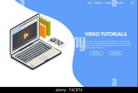 Vidéo en ligne ordinateur web app. Ordinateur portable isométrique avec la vidéo en ligne à l'affiche à l'écran et téléphone. L'éducation en ligne et l'étude. La formation en informatique et un Illustration de Vecteur