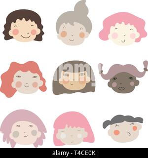 Nationalité ethnique différente femme affiliation face icônes vectorielles. Happy baby girls visages. Cartoon vector illustration. Illustration de Vecteur