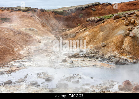 Vue de la vapeur chaude, Salt Springs sulfurique émettant dans la crevasse, Krysuvík, Islande Banque D'Images