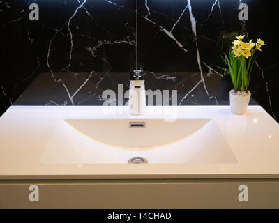 Libre d'une salle de bains moderne avec lavabo blanc pure chrome robinet et vase avec fleurs. mur fait de marbre noir Banque D'Images