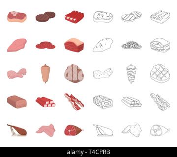 Viande différents contours,cartoon icônes de collection set pour la conception. Produit de viande symbole vecteur illustration de stock. Illustration de Vecteur