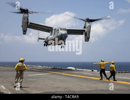 Golfe d'ADEN (23 mars 2019) - Une MV-22 Osprey avec la 22e Marine Expeditionary Unit se prépare à atterrir sur le poste de pilotage de la classe Wasp-navire d'assaut amphibie USS Kearsarge (LHD-3) lors d'une récupération d'aéronefs tactiques et de répétition de missions du personnel. La formation prépare à entrer dans les zones marines combatif et récupérer ou détruire des matériaux sensibles ainsi que la reprise du personnel. Marines et de marins avec la 22e MEU et Amphibie Kearsarge Groupe sont actuellement déployés dans le domaine de la 5e flotte américaine des opérations à l'appui des opérations navales pour assurer la stabilité et la sécurité maritime Banque D'Images