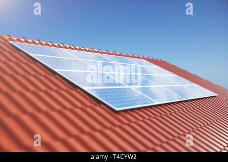 3D illustration des panneaux solaires sur un toit rouge d'une maison. Panneaux solaires avec réflexion ciel bleu. Concept d'énergie renouvelable. Propre, écologique Banque D'Images