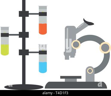 Tubes à essai sur le stand avec un microscope Illustration de Vecteur