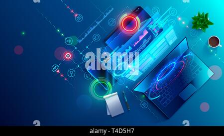 La création de logiciels et site web pour différentes plate-forme numérique pc de bureau, ordinateur portable, tablette, téléphone mobile. Le développement, la conception et le codage web et hors ligne Illustration de Vecteur